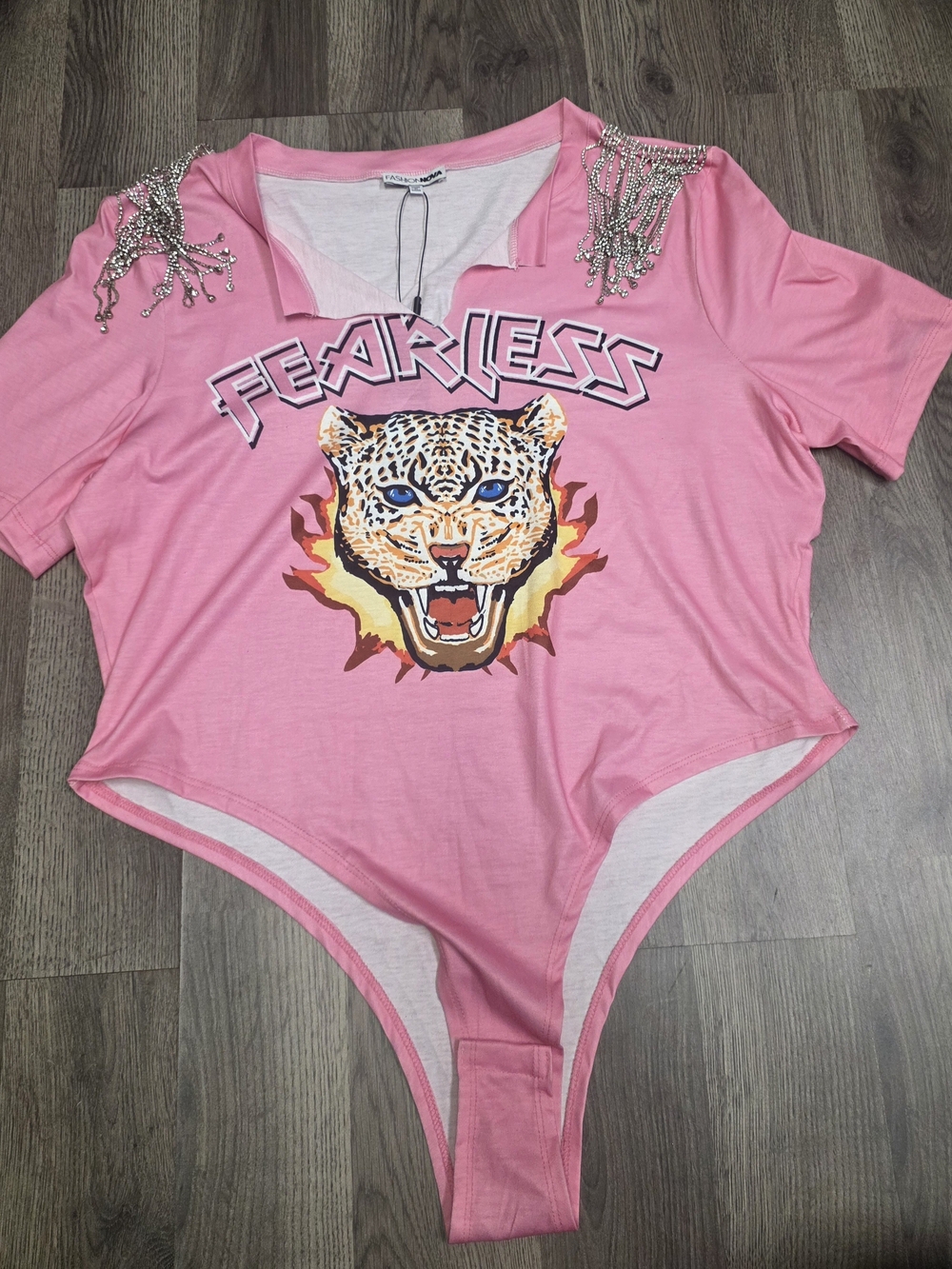 Fashion Nova Pink 'Fearless' Leopard Graphic One-Piece Bodysuit